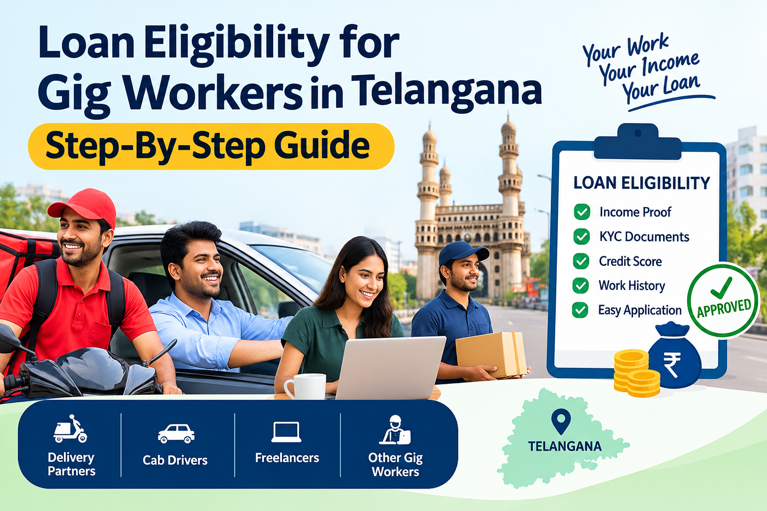 Loan Eligibility for Gig Workers in Telangana – Step-by-Step Guide to Personal Loan Eligibility, Income Proof, KYC Documents, Credit Score, and Application Process for Delivery Partners, Cab Drivers, and Freelancers.